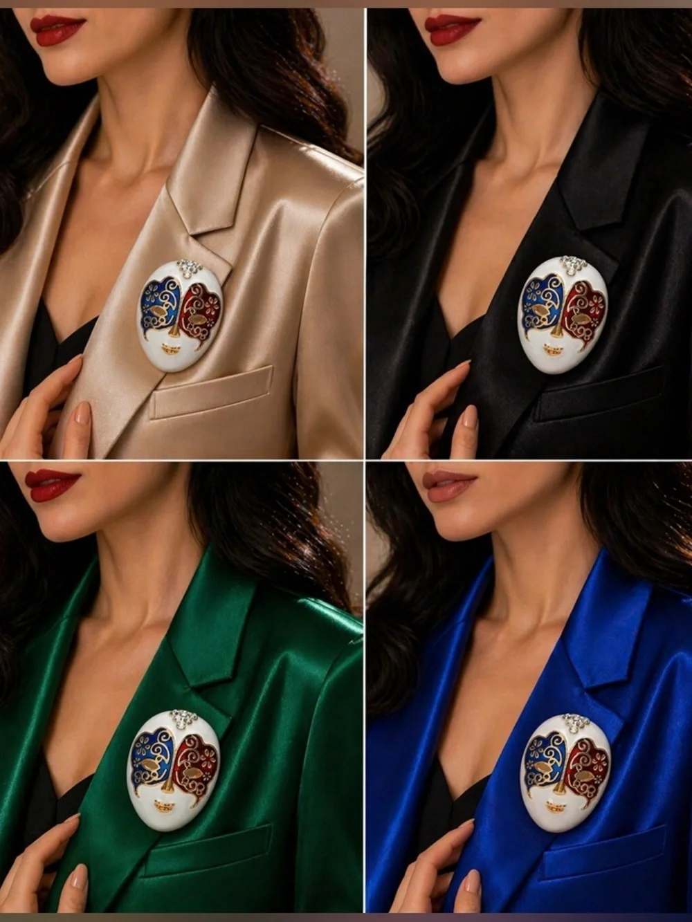 Luxury Venetian Mask Brooch – Red & Blue Enamel Statement Pin